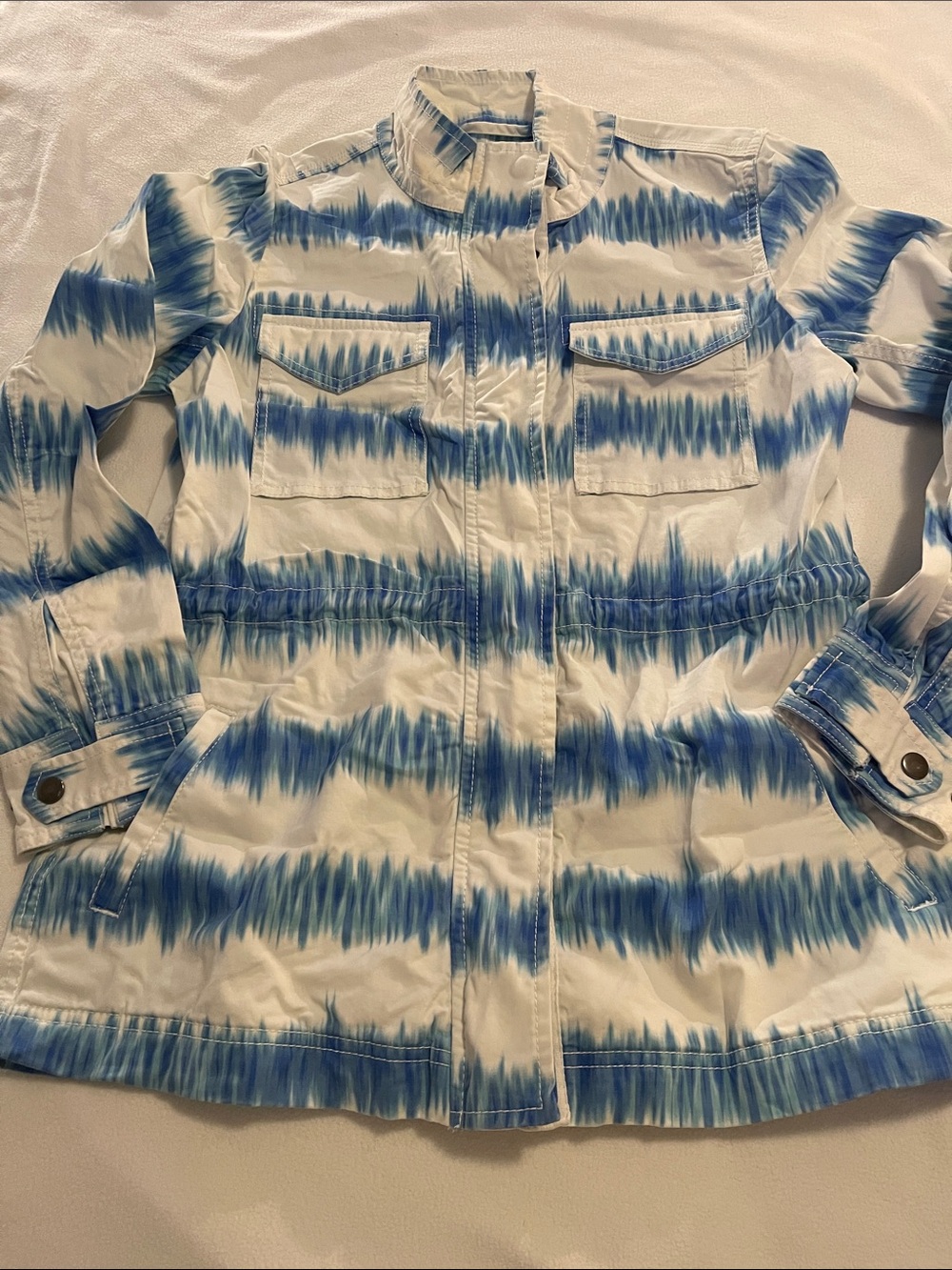 Style & Co. Blue and White Tie-Dye Utility Jacket drawstring inside at waist.